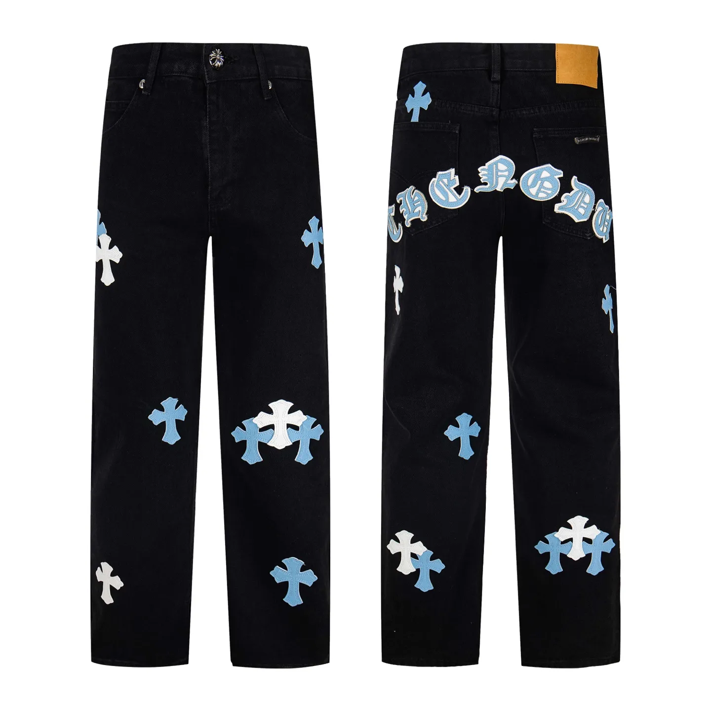 P260 Chrome Hearts Black Pants, Sanskrit Blue and White Multi-Leather Jeans. CH jeans need to be washed and then disassembled and hand-stitched with sheepskin cross leather and then spliced ​​together. The whole piece has too many craftsmanship to explain. The patchwork is decorated with cross patterns and the high-waisted washed jeans! ! Absolutely high-end luxury products, god-level single products and super popular products, made with top heavy industry, a must-see magic weapon. Customized hardware. The fabric is thick and soft after washing. It has good breathability. Customized small leather label. Unique design. The details are simple and elegant, and the workmanship is exquisite. The entire trousers are neatly routed and the details are in place! It’s so cool that both men and women can easily control the genderless trend! Style number: 1801# Color: black Size: 28 30 32 34